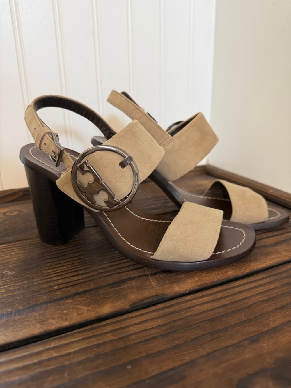 Tory Burch Thames Tan Sueded Leather Block Heel Sandals